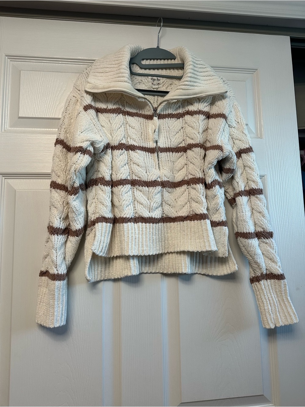 Cropped Cream Cable-Knit Half-Zip Sweater with Brown Stripes
